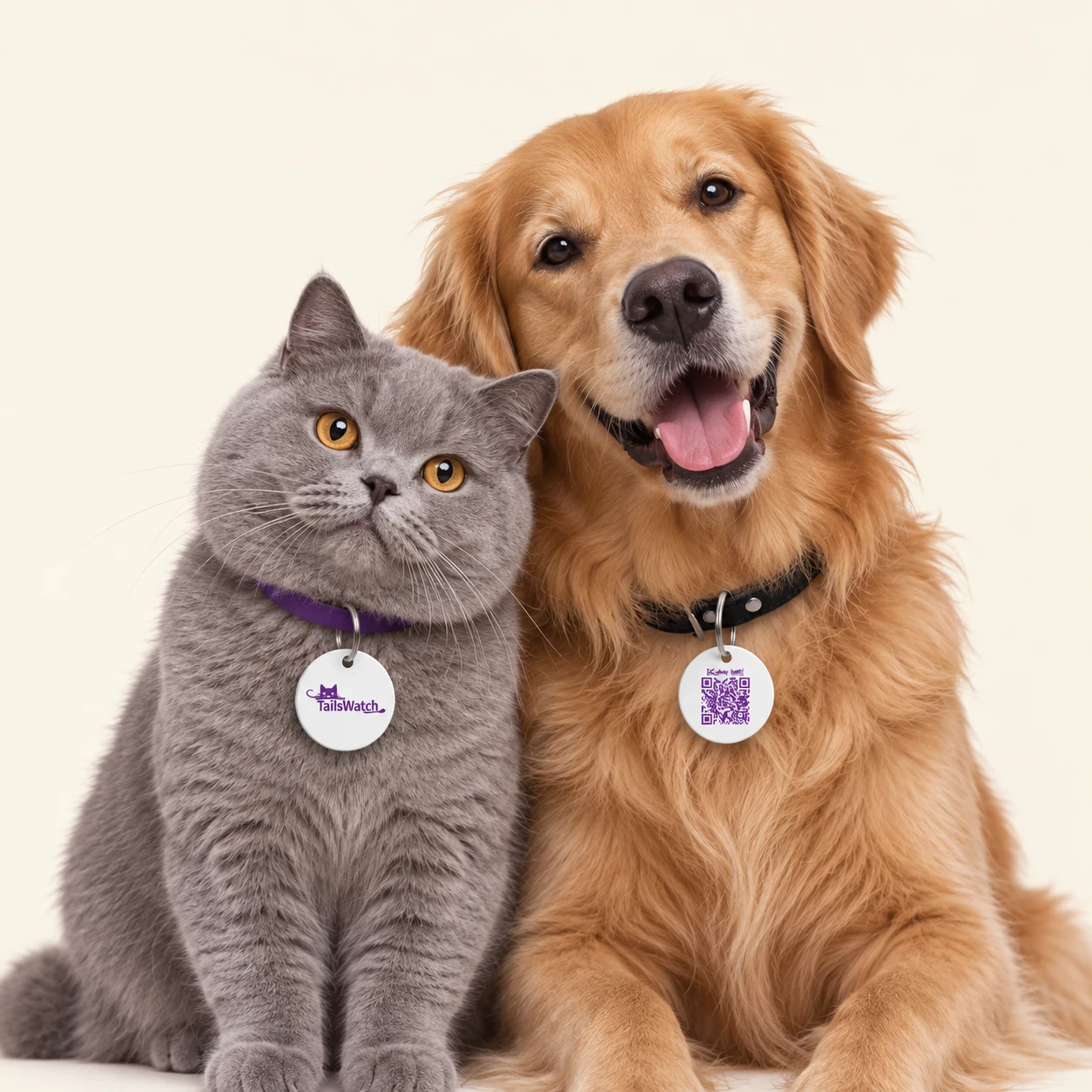 Gray British Shorthair cat beside a smiling Golden Retriever