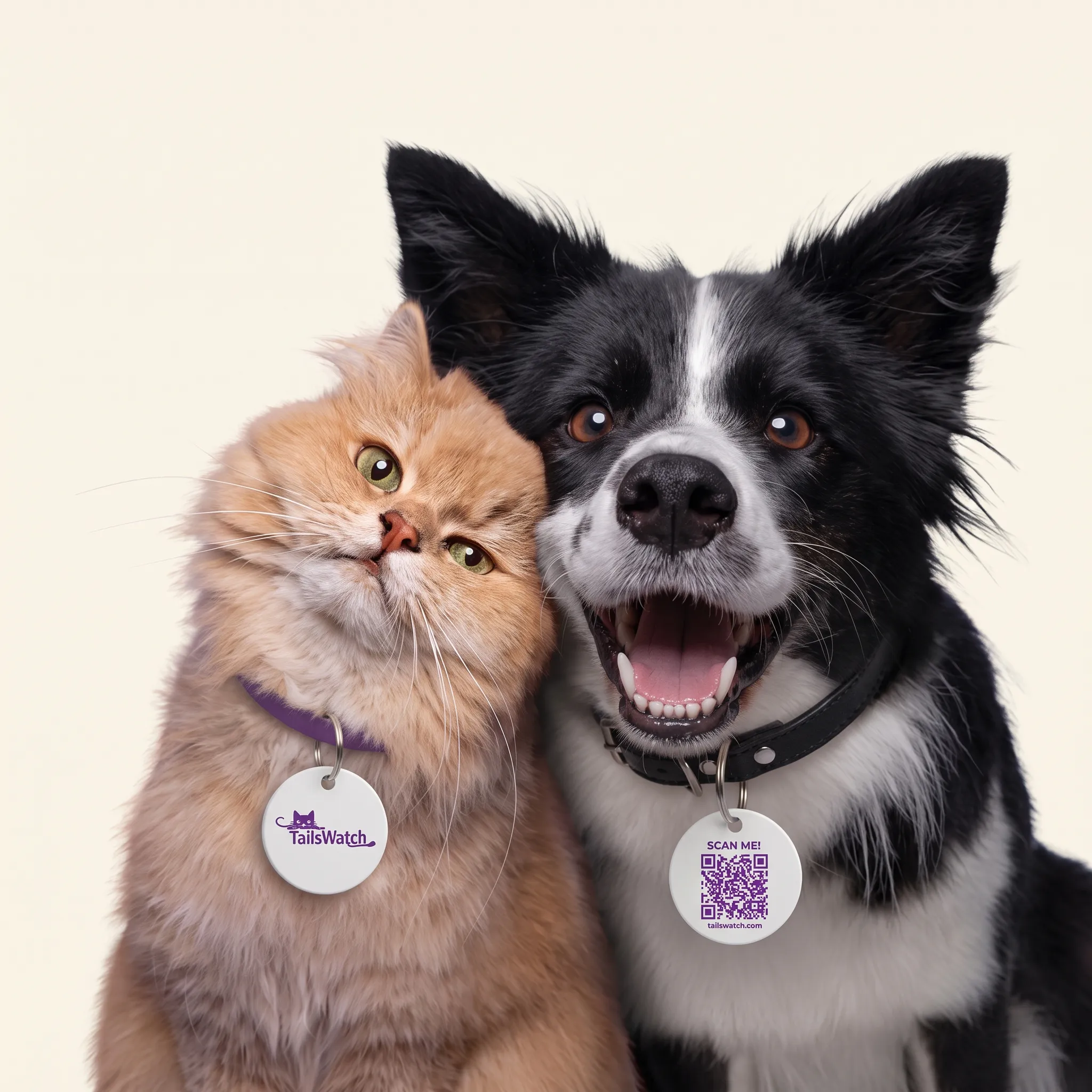 Ginger cat and border collie wearing TailsWatch ID tags